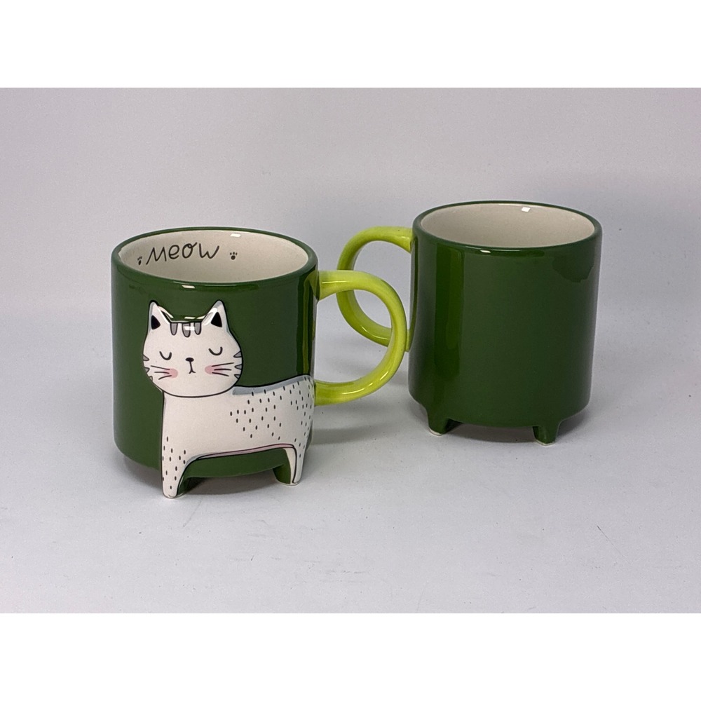 NWOP Core Home Cat Mugs Set of 2 Green 3D Relief Footed 16oz Meow Ceramic Cups